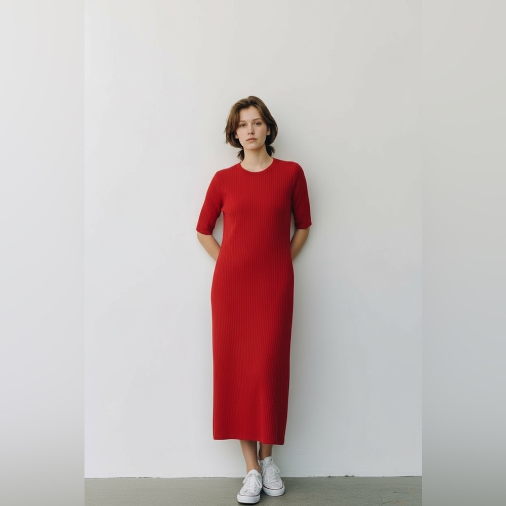 Zara ribbed knit Elegant Red Midi Dress